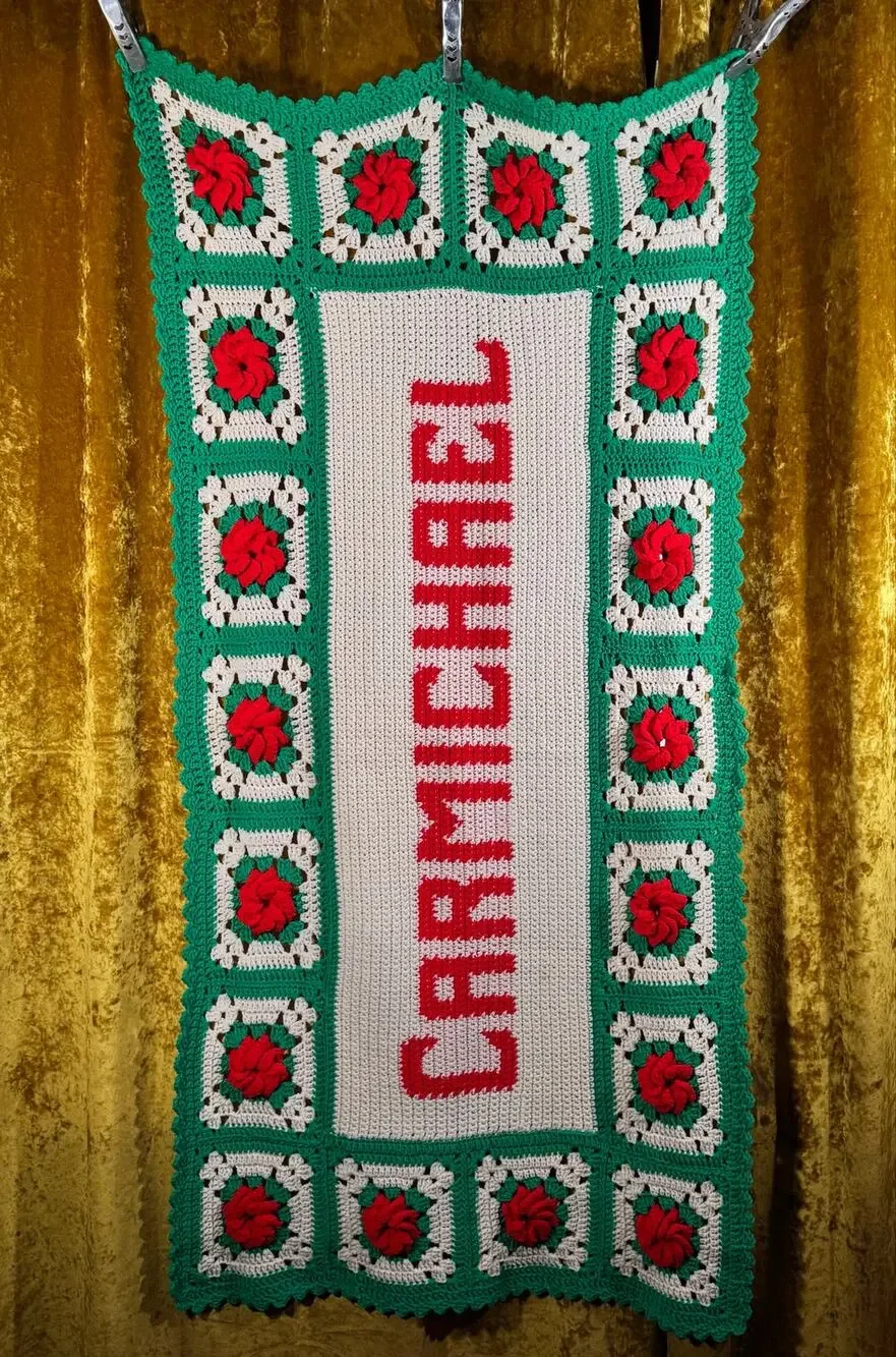 Handmade Crochet CARMICHAEL Name Blanket Christmas Runner 3D Rose Vintage 30x67